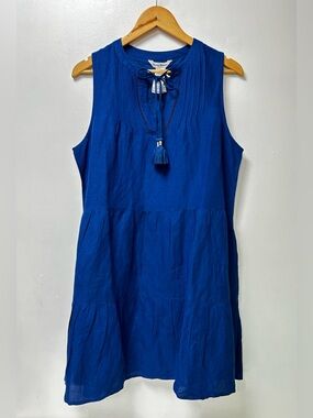 Tommy Bahama St. Lucia Linen Viscose Tiered Blue Dress Tassel Tie Neck Lined L